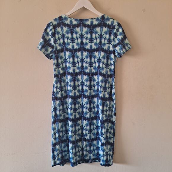 Rafaella Blue, White & Green Tie Dye Print Cotton Dress Crewneck Women's Size M - Picture 2 of 9